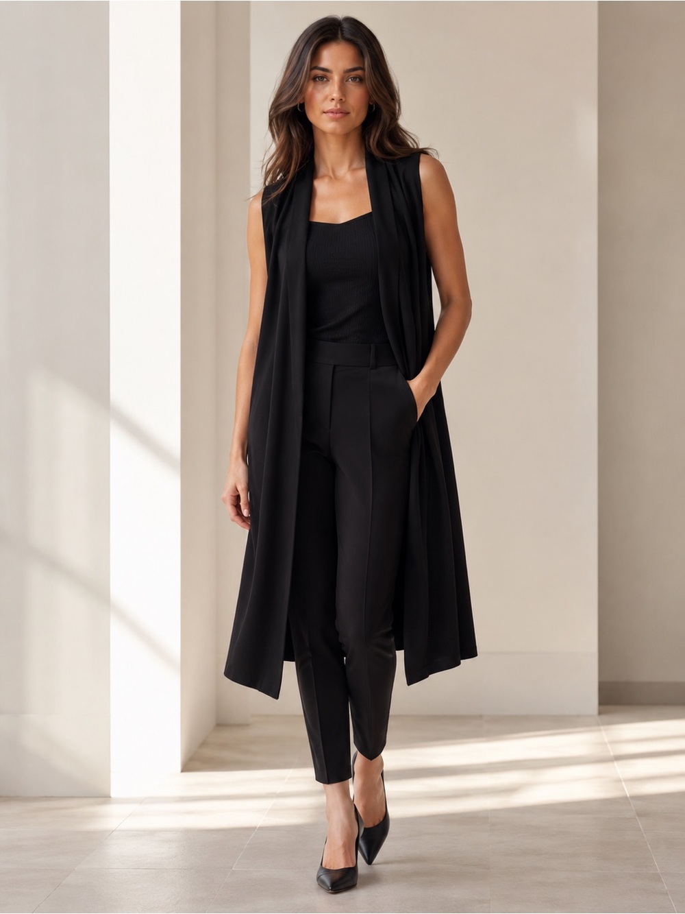 Calvin Klein Black Long Open Drape Vest - Sleeveless Duster Cardigan Petite Sm